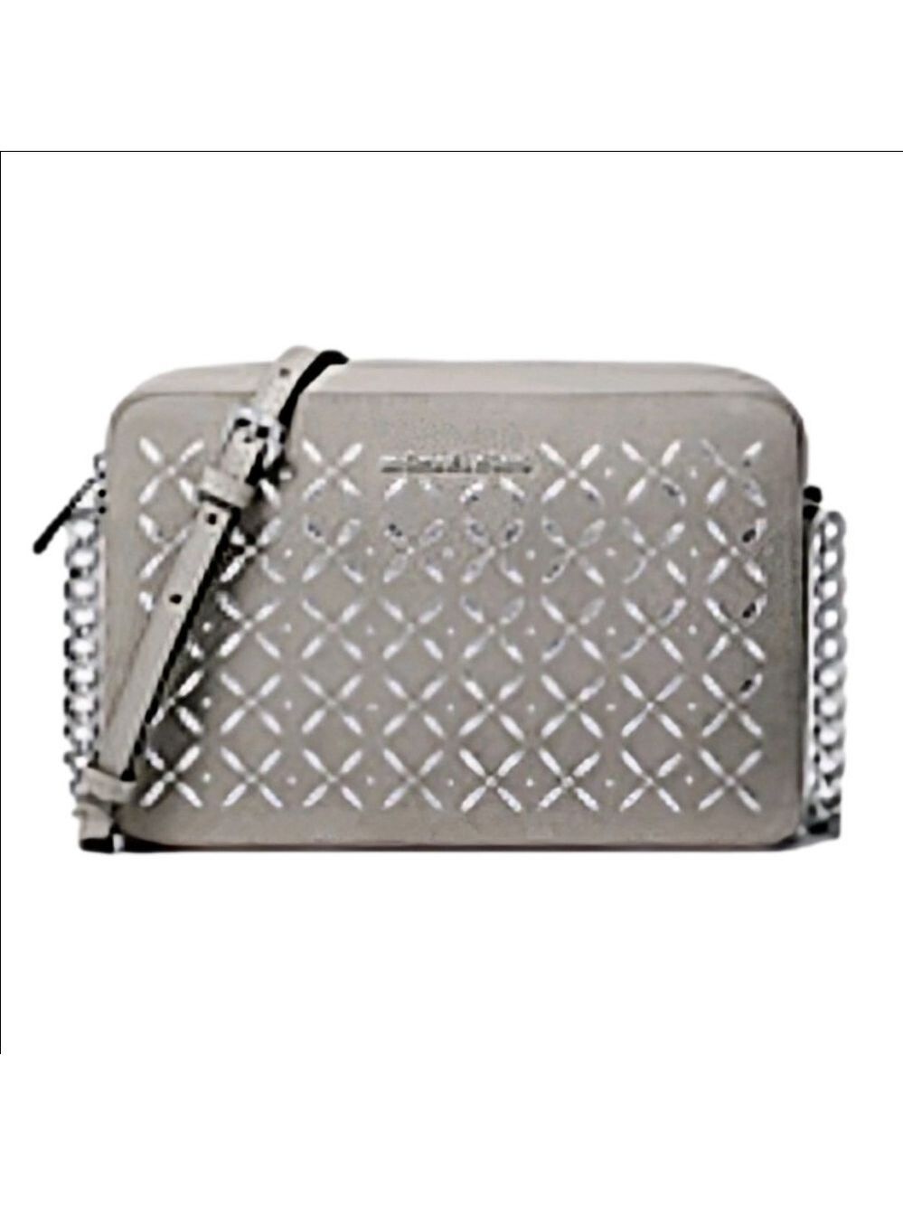Michael Kors jet set large East West studded leather crossbody in Pearl Gray